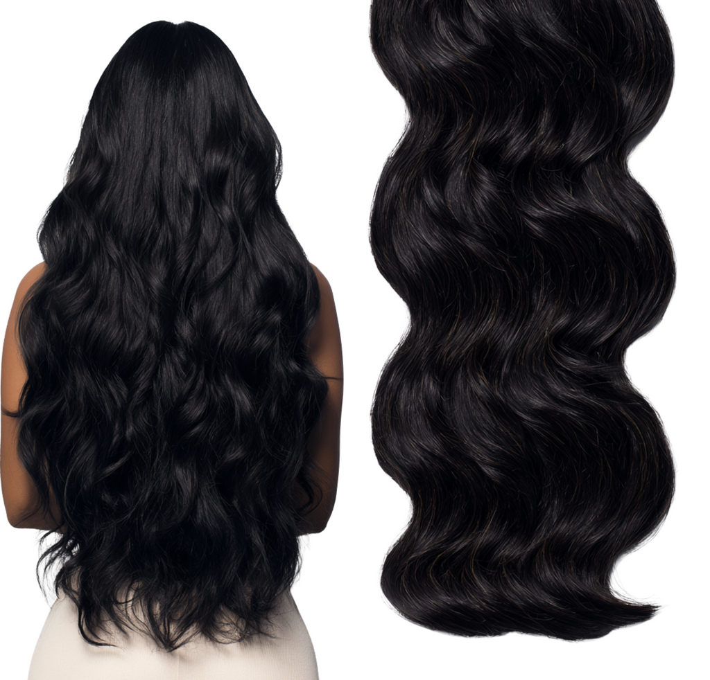 Two views of black hair extensions showing wavy texture on a white background