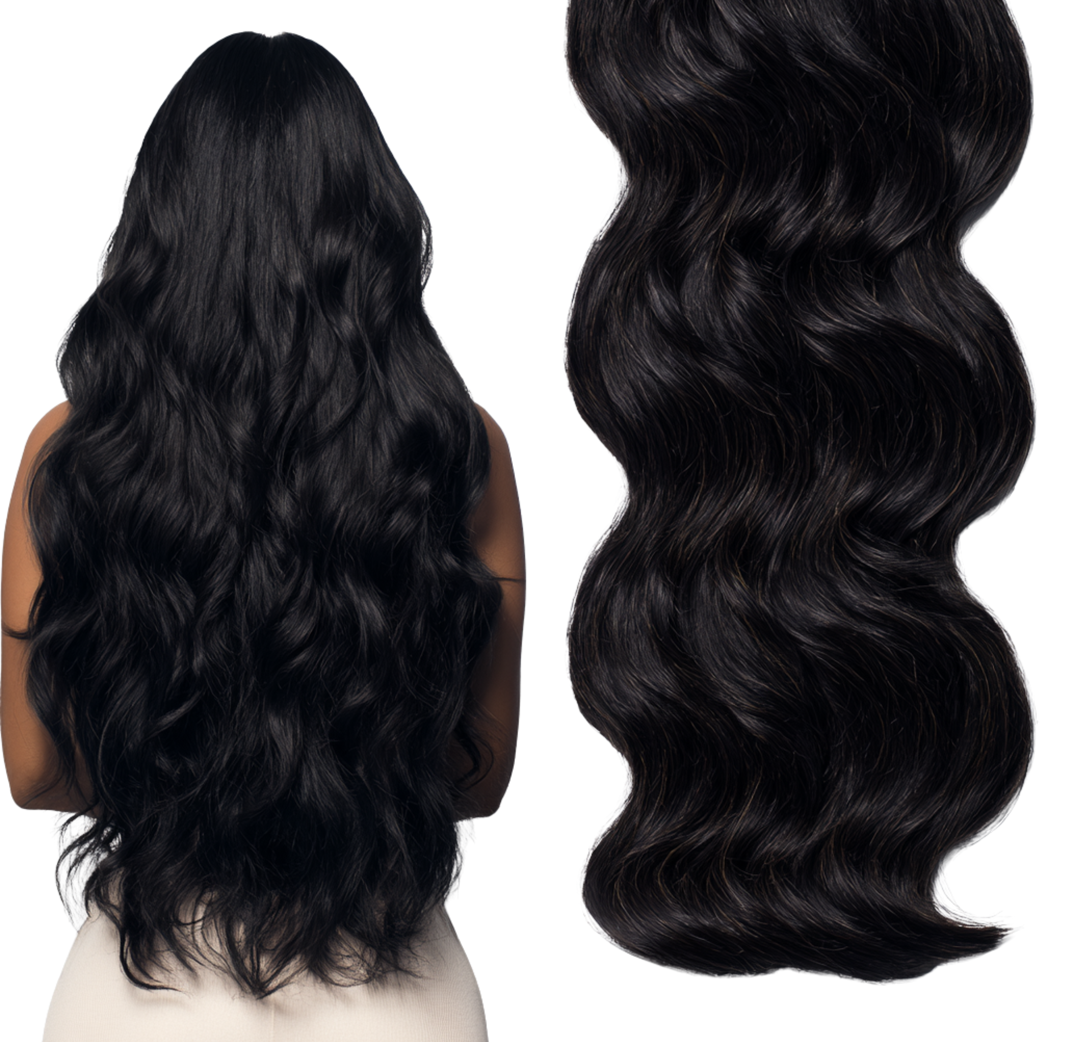 Two views of black hair extensions showing wavy texture on a white background