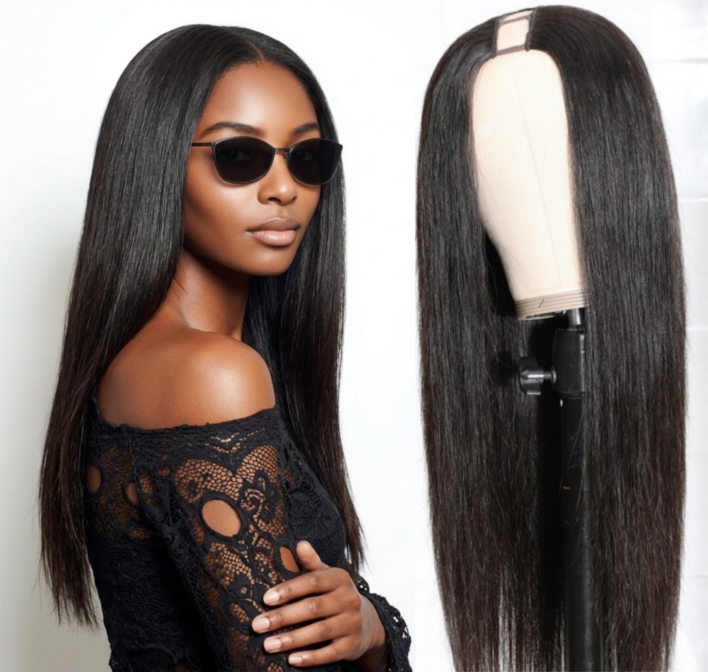 Woman with long black hair and a wig on a mannequin head.