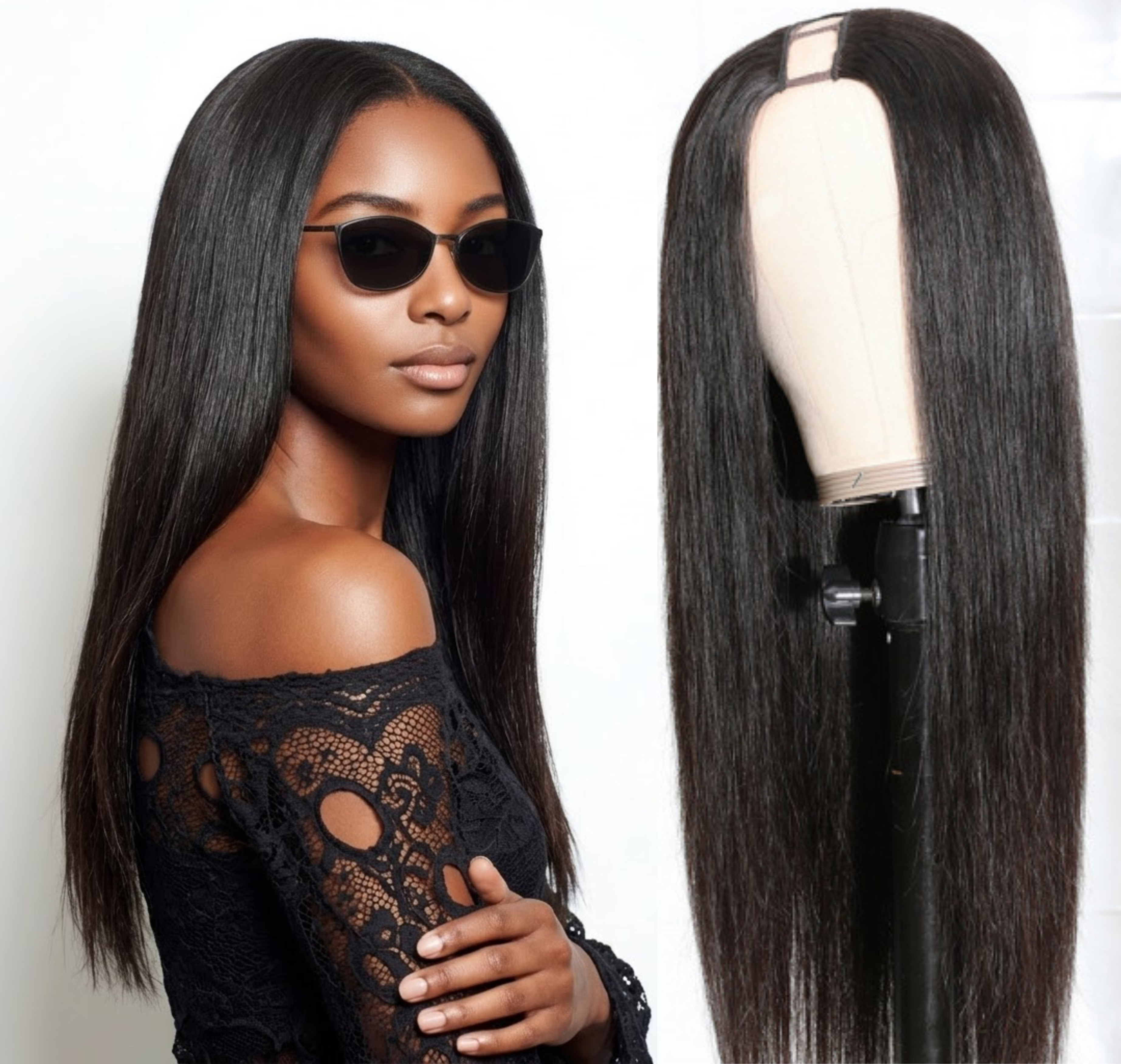 Woman with long black hair and a wig on a mannequin head.